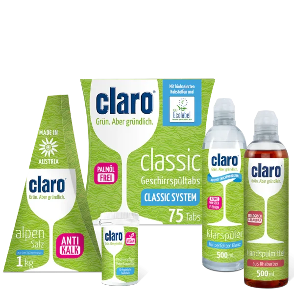 claro tabs starter paket - tabs, alpensalz, klarspüler, maschinenpfleger, spülmittel